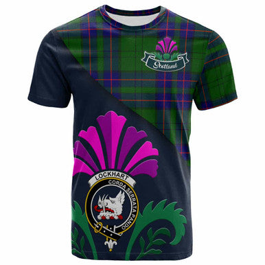 Scottish Lockhart Clan Crest Tartan T-Shirt - Scotland Thistle Style Front Side Tartan Plaid