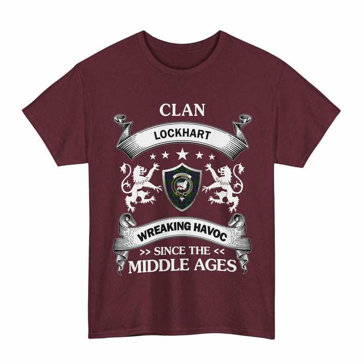 Scottish Lockhart Clan Crest Tartan T-Shirt Wreaking Havoc Design Tartan Plaid Maroon Color