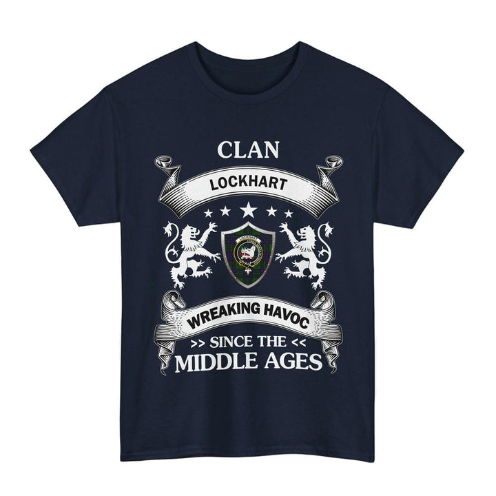 Scottish Lockhart Clan Crest Tartan T-Shirt Wreaking Havoc Design Tartan Plaid Navy Color