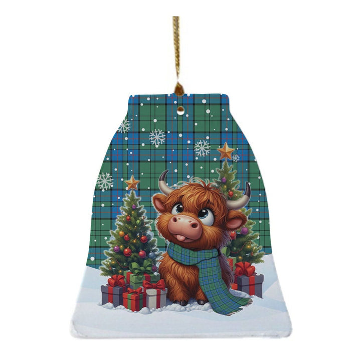 Scottish Lockhart Clan Tartan Ceramic Ornament Cute Highland Cow Christmas Bell Style Tartan Plaid