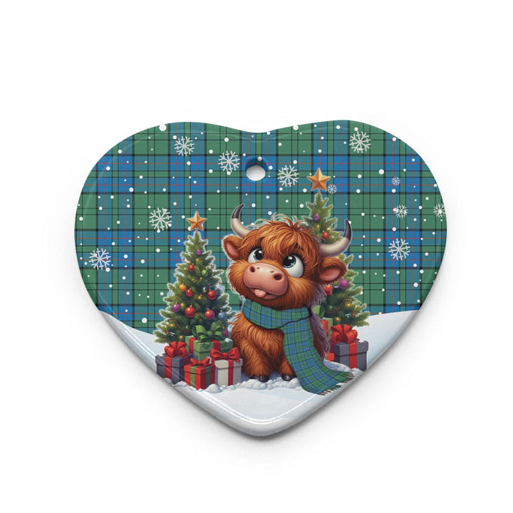 Scottish Lockhart Clan Tartan Ceramic Ornament Cute Highland Cow Christmas Heart Style Tartan Plaid