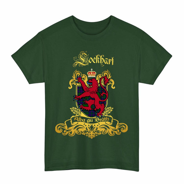 Scottish Lockhart Clan Tartan Lion Rampant of Scotland T-Shirt Tartan Plaid Forest Green Color