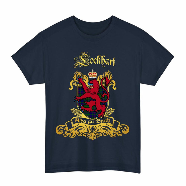 Scottish Lockhart Clan Tartan Lion Rampant of Scotland T-Shirt Tartan Plaid Navy Color