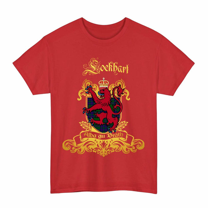 Scottish Lockhart Clan Tartan Lion Rampant of Scotland T-Shirt Tartan Plaid Red Color