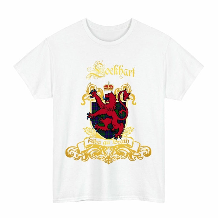 Scottish Lockhart Clan Tartan Lion Rampant of Scotland T-Shirt Tartan Plaid White Color