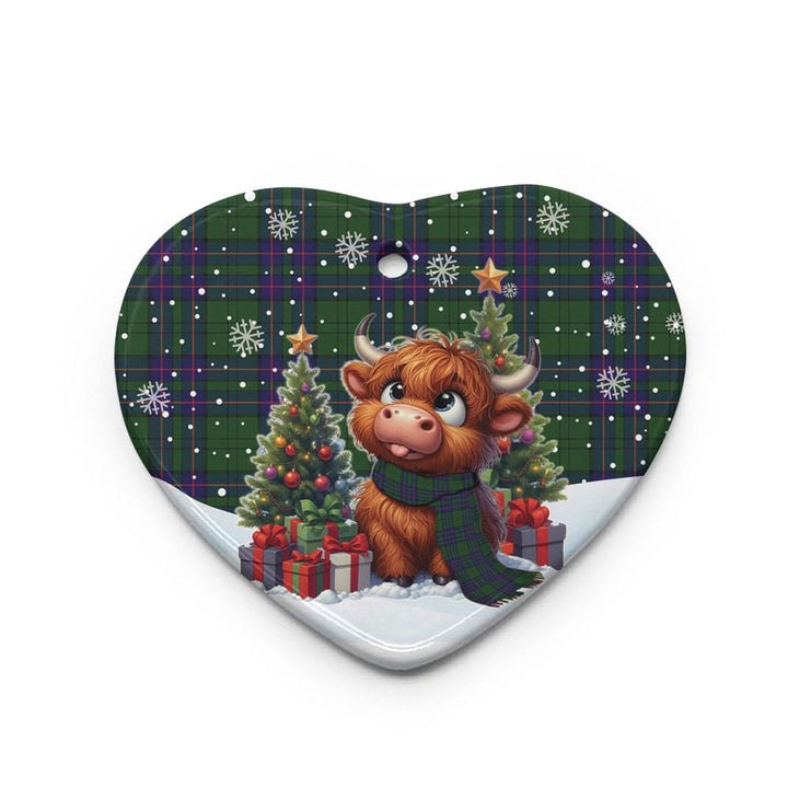 Scottish Lockhart Modern Clan Tartan Ceramic Ornament Cute Highland Cow Christmas Heart Style Tartan Plaid