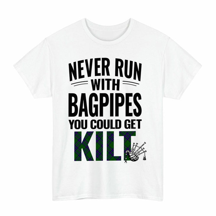 Scottish Lockhart Modern Clan Tartan Never Run With Bagpipes T-Shirt Tartan Plaid White Color