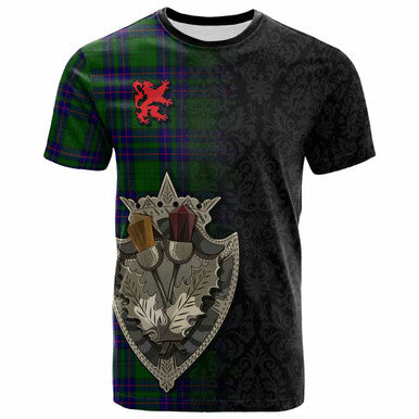 Scottish Lockhart Modern Clan Tartan T-Shirt - Half Thistle Flowers Celtic Design Front Side Tartan Plaid