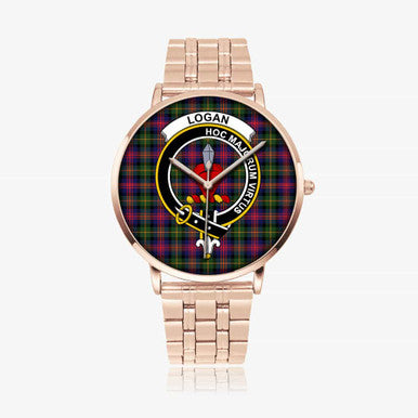 Scottish Logan Clan Crest Tartan Instafamous Steel Quartz Watches Tartan Plaid Rose Gold 1