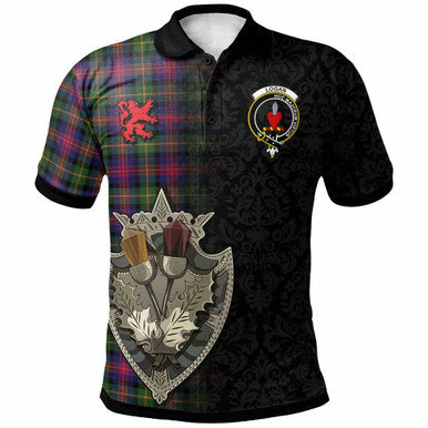 Scottish Logan Clan Crest Tartan Polo Shirt - Half Thistle Flowers Celtic Design Front Side Tartan Plaid