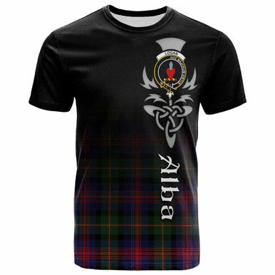 Scottish Logan Clan Crest Tartan T-Shirt - Alba Gu Brath Family Crest Celtic Inspired Front Side Tartan Plaid