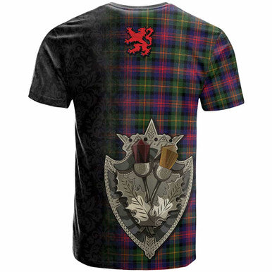 Scottish Logan Clan Crest Tartan T-Shirt - Half Thistle Flowers Celtic Design Back Side Tartan Plaid