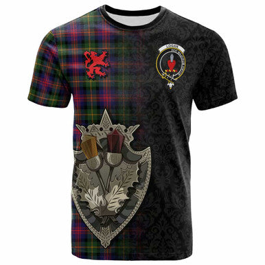 Scottish Logan Clan Crest Tartan T-Shirt - Half Thistle Flowers Celtic Design Front Side Tartan Plaid
