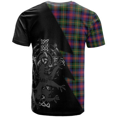 Scottish Logan Clan Crest Tartan T-Shirt - Lion Rampant Celtic Cross Flash Style Back Side Tartan Plaid