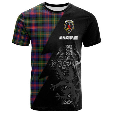 Scottish Logan Clan Crest Tartan T-Shirt - Lion Rampant Celtic Cross Flash Style Front Side Tartan Plaid