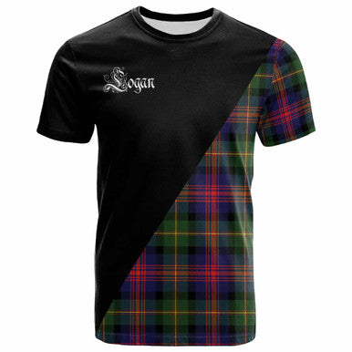 Scottish Logan Clan Crest Tartan T-Shirt - Military Logo Front Side Tartan Plaid