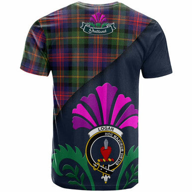 Scottish Logan Clan Crest Tartan T-Shirt - Scotland Thistle Style Back Side Tartan Plaid