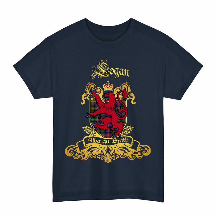 Scottish Logan Clan Tartan Lion Rampant of Scotland T-Shirt Tartan Plaid Navy Color