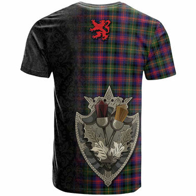 Scottish Logan Modern Clan Tartan T-Shirt - Half Thistle Flowers Celtic Design Back Side Tartan Plaid