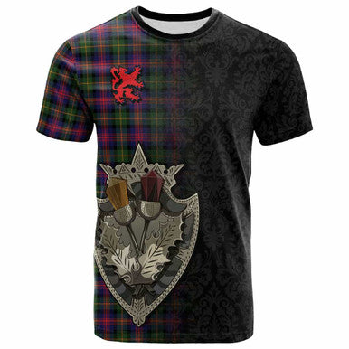 Scottish Logan Modern Clan Tartan T-Shirt - Half Thistle Flowers Celtic Design Front Side Tartan Plaid