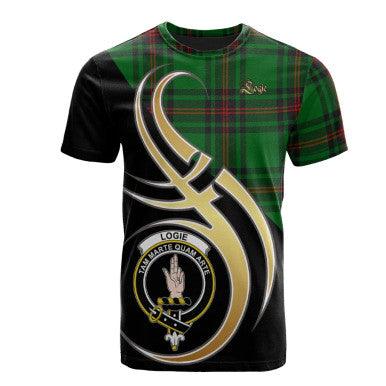 Scottish Logie Clan Crest Tartan T-Shirt Believe in Me Front Side Tartan Plaid