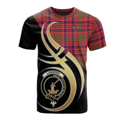 Scottish Lumsden Modern Clan Crest Tartan T-Shirt Believe in Me Front Side Tartan Plaid