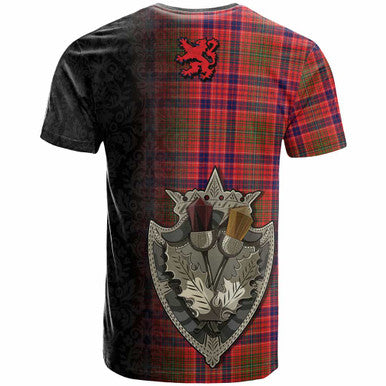 Scottish Lumsden Modern Clan Tartan T-Shirt - Half Thistle Flowers Celtic Design Back Side Tartan Plaid