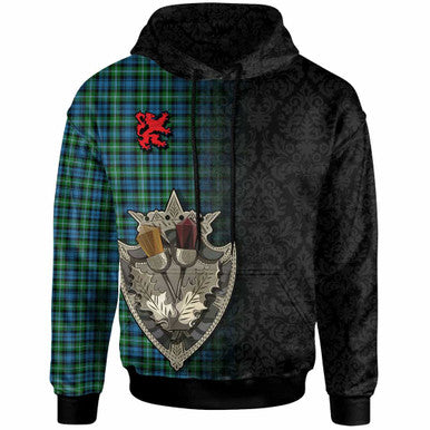 Scottish Lyon Clan Tartan Hoodie - Half Thistle Flowers Celtic Design Front Side Tartan Plaid