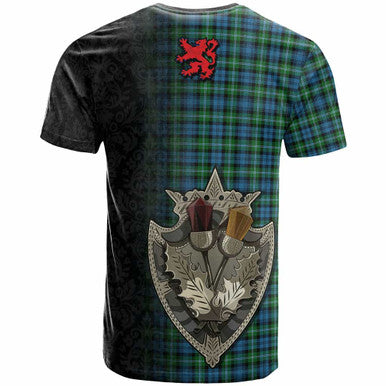 Scottish Lyon Clan Tartan T-Shirt - Half Thistle Flowers Celtic Design Back Side Tartan Plaid