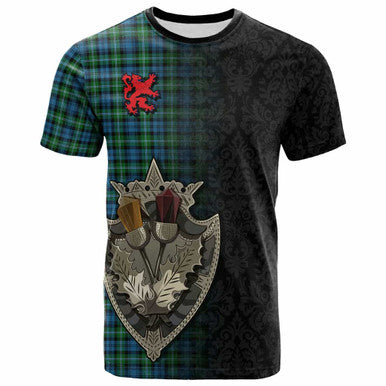 Scottish Lyon Clan Tartan T-Shirt - Half Thistle Flowers Celtic Design Front Side Tartan Plaid