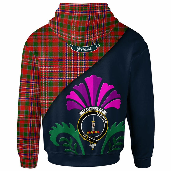 Scottish MacAlister Clan Crest Tartan Hoodie - Scotland Thistle Style Back Side Tartan Plaid