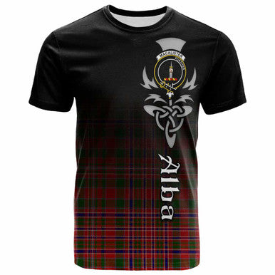 Scottish MacAlister Clan Crest Tartan T-Shirt - Alba Gu Brath Family Crest Celtic Inspired Front Side Tartan Plaid