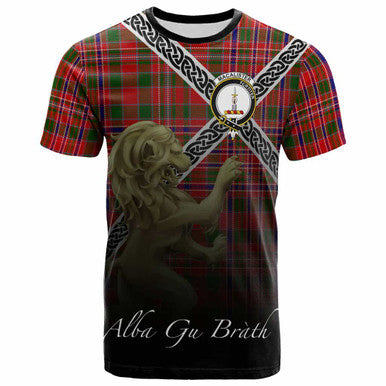 Scottish MacAlister Clan Crest Tartan T-Shirt - Celtic With Scotland Lion Front Side Tartan Plaid