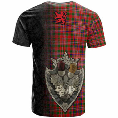 Scottish MacAlister Clan Crest Tartan T-Shirt - Half Thistle Flowers Celtic Design Back Side Tartan Plaid