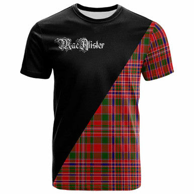 Scottish MacAlister Clan Crest Tartan T-Shirt - Military Logo Front Side Tartan Plaid