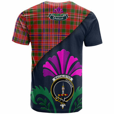 Scottish MacAlister Clan Crest Tartan T-Shirt - Scotland Thistle Style Back Side Tartan Plaid