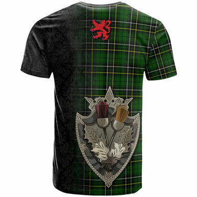 Scottish MacAlpine Modern Clan Tartan T-Shirt - Half Thistle Flowers Celtic Design Back Side Tartan Plaid