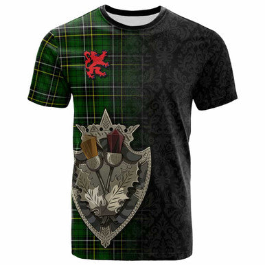 Scottish MacAlpine Modern Clan Tartan T-Shirt - Half Thistle Flowers Celtic Design Front Side Tartan Plaid