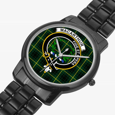 Scottish MacArthur Clan Crest Tartan Folding Clasp Steel Quartz Watches Tartan Plaid Black 2
