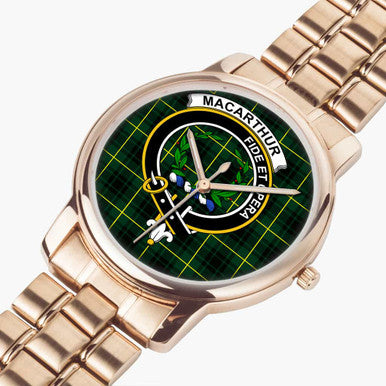 Scottish MacArthur Clan Crest Tartan Folding Clasp Steel Quartz Watches Tartan Plaid Rose Gold 2