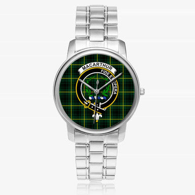 Scottish MacArthur Clan Crest Tartan Folding Clasp Steel Quartz Watches Tartan Plaid Silver 1