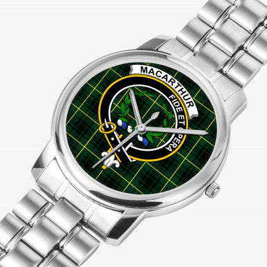 Scottish MacArthur Clan Crest Tartan Folding Clasp Steel Quartz Watches Tartan Plaid Silver 2