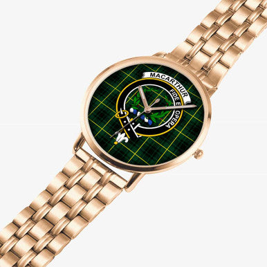 Scottish MacArthur Clan Crest Tartan Instafamous Steel Quartz Watches Tartan Plaid Rose Gold 2