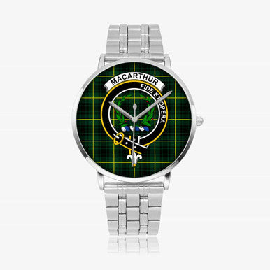 Scottish MacArthur Clan Crest Tartan Instafamous Steel Quartz Watches Tartan Plaid Silver 1