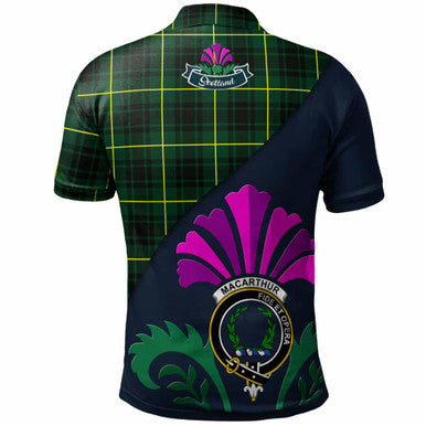 Scottish MacArthur Clan Crest Tartan Polo Shirt - Scotland Thistle Style Back Side Tartan Plaid