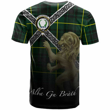 Scottish MacArthur Clan Crest Tartan T-Shirt - Celtic With Scotland Lion Back Side Tartan Plaid