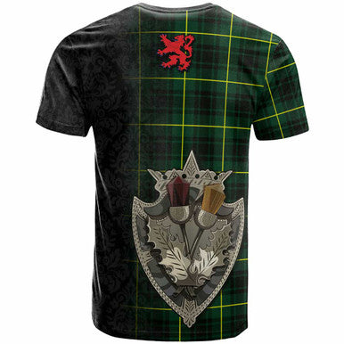 Scottish MacArthur Clan Crest Tartan T-Shirt - Half Thistle Flowers Celtic Design Back Side Tartan Plaid