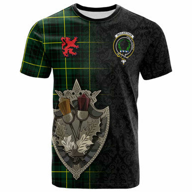 Scottish MacArthur Clan Crest Tartan T-Shirt - Half Thistle Flowers Celtic Design Front Side Tartan Plaid