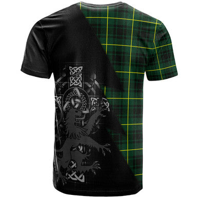 Scottish MacArthur Clan Crest Tartan T-Shirt - Lion Rampant Celtic Cross Flash Style Back Side Tartan Plaid