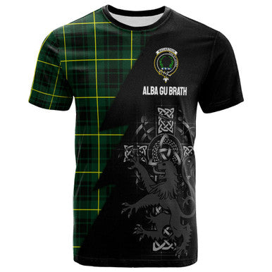 Scottish MacArthur Clan Crest Tartan T-Shirt - Lion Rampant Celtic Cross Flash Style Front Side Tartan Plaid